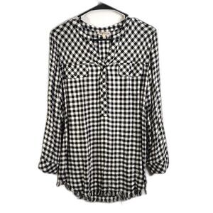 HESTER & ORCHARD Gingham Rayon Blouse Fringe Hem Black White Large Women's Tunic